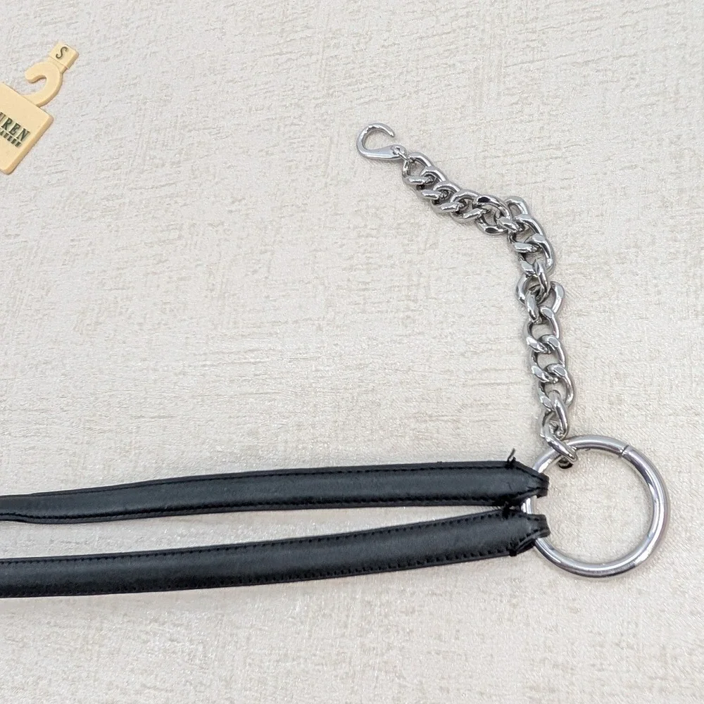Lauren Ralph Lauren Black Leather Silver Chain Link Belt Small Charm Hook Clasp